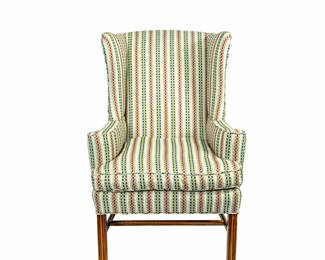 111  STRIPED UPHOLSTERED WINGBACK ARMCHAIR