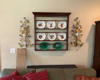 Wildlife Plates and Shelf and 2 pieces of Brass and Glass Wall Art from the 1800’s