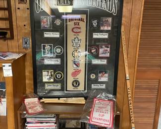 Original Six Legends Framed Hockey Signatures, Detroit Red Wings 1935-36 Stanley Cup Champions Flags, Signed baseball bats