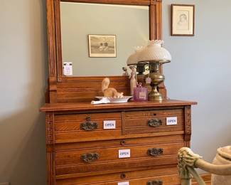 Vintage Eastlake Vanity Dresser, Fenton Daisy Button Jar, Vintage Electric Hurricane Lamp, Vtg. Casades porcelain figure