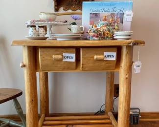 Rustic Wood Butcher Block Table, 1999 Rabbit Garden Tea Set (20 Pieces)