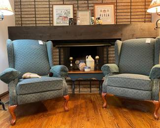 Vtg. Wingback recliners, Antique Side Table, Vtg. pottery, Horseshoe Cowboy Lamp, Vtg. Alphabet framed needlepoints