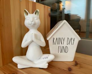 Rae Dunn Rainy Day Fund Birdhouse bank, Cat yoga figurine
