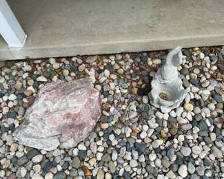 Rose quartz boulders, Cement bird bath