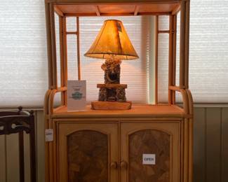 Bamboo Bar Cabinet, Handcrafted Fireplace Lamp, Tim Prythero Hydrostone Sculpture
