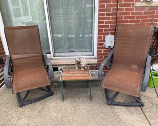 Sling back patio chairs, Side wood table, Tiger plant stand