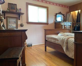 Antique Claw Foot Dresser & Mirror, Antique Punched Tin Pie Safe, Goldfield Hotel Oil Lamp, Horse Shoes, Abraham Lincoln Bank,  Abraham Lincoln Framed Parchment