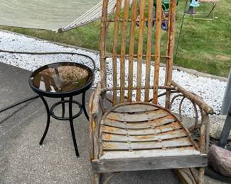 Wood rocking chair, Glass and metal side tables
