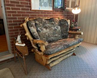 Rustic Log Loveseat Glider, Child's wood antique ironing table, Birch tree miniature tee-pee