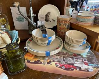 Royal Worcester Cat & Mouse Plate, Old Pottery Company Cat Mug,  Lemonade Pitcher, L. F. & C. Meat Grinder, Oneida Flatware, Oneida Flatware, Coca Cola Placemat, Signature Housewares Bowls
