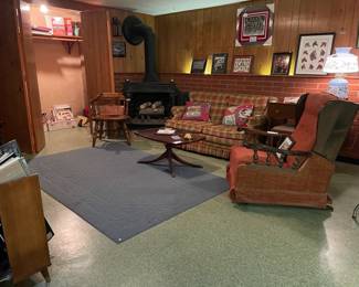 Thomasville wood chair,	Vintage plaid couch, Vintage Plaid Rocker, Vtg Singer sewing machine table with stool, Who's Who in Baseball, Vintage Painted Hurricane Lamp,Imperial Genuine Mahogany Vintage Table

