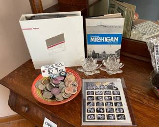 Casino coins, Crystal lotus flower candle holders, Yesterday's Michigan hardcover
