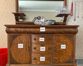 Antique tiger oak wood buffet with mirror