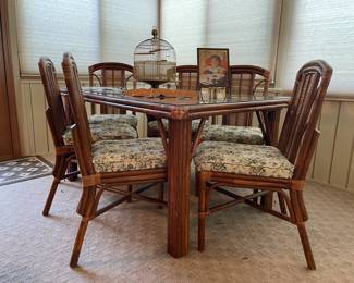 7-Piece Rattan and Glass Dining Set, Hendryx Domed Bird Cage, Tim Prythero Hydrostone Sculpture, Art's Hardware and Sporting Goods Hamtramck framed thermometer picture
