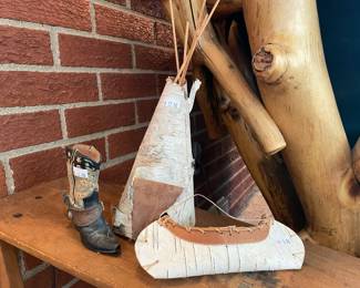 Child's wood antique ironing table, Birch tree miniature tee-pee