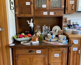 Antique Kitchen Hutch, Stoneware Face Mug, Royal Worcester Cat & Mouse Plate, Faux Fruit & Vegetables, Chef Figure, Log House Incense Burner, Old Pottery Company Cat Mug,  Lemonade Pitcher, L. F. & C. Meat Grinder, Oneida Flatware