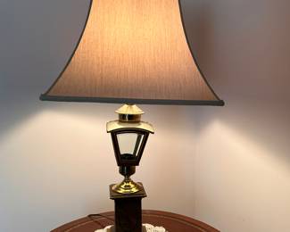 Lantern Brass Table Lamp, Leather Top Round Table