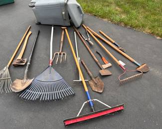 Long Handle Tools, Lawn Garden Tools, Rake,  Shovel, Axe, Pitchfork, Edger, Vintage Army Shovel