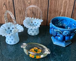 Fenton Coin Dot Baskets,  Inarco Mood Indigo Fruits Planter, Fenton Ashtray