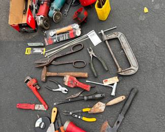 Tools, Clamp, Angle Grinder, Axe, Pipe Wrench, Metal Snips, Drill, 