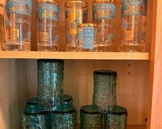 Libby Turquoise and Gold Steamboat Glass Set,  Turquoise Glass Set