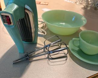 Sunbeam Mixmaster Junior Hand Mixer,  Fire King Jadeite Cup Saucer Bowl
