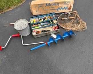 Ice fishing auger, vintage lures, fishing tackle, fishing lures, bait bucket