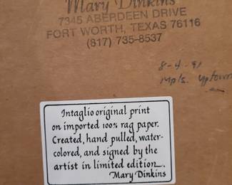 Mary Dinkins signed watercolored hand pulled rag paper