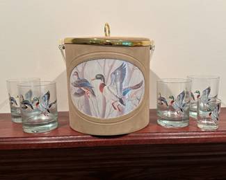 Vtg. Mallard duck ice bucket and glassware