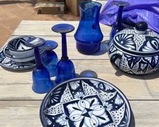 Huge Collection of Mexican Talavera and Mexican blue glasses Gorgeous!