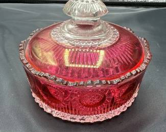 US Glass Company Cranberry Vanity Powder Jar
