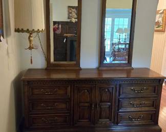 Nice Mid Century 9 Drawer Rolling Dresser with 2 Mirrors