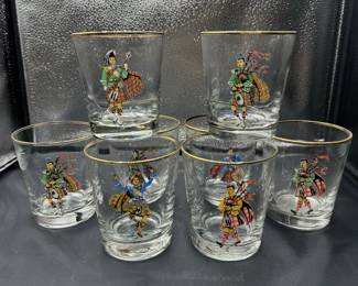 Set of 8 Vintage 50s Highlander Etched Whiskey Glasses