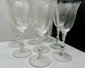 Set of 8 Vintage Cambridge Rose Point Etched Wine Glasses