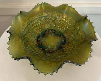 Northwood Grape and Cable Green Carnival Glass Ruffled Bowl