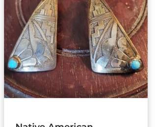 Native American Southwest Sterling silver needlepoint turquoise earrings