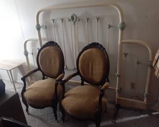 Victorian Sitting Room Arm Chairs & Cast Iron Headboard 
