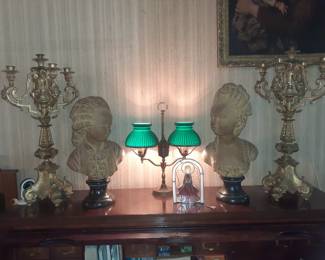 Pair of Ornate Vintage 20th Century French Rococo Style Candelabras, Pair of European Renaissance  Busts, Vintage Double Students Lamp.