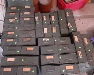 Diebold Safe-T-Stak Metal Shop storage drawers - circa 1940s & 1950s. 16" wide, 24" deep and 4' tall. Each sliding drawer is: 7-3/4" wide, 23-3/4" deep and 3-5/8" tall.