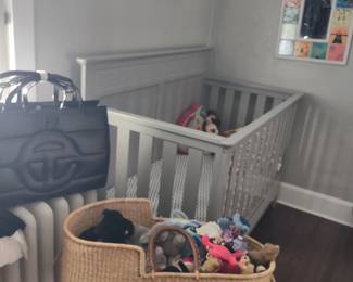 New convertible baby crib, bassinet and toys. Baby clothing.