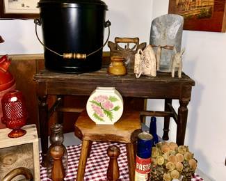 Vintage bench (SOLD), metal ash bucket, sad irons, metal scoop (SOLD), vintage stool (SOLD), wooden candle holders (SOLD), etc.