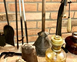 Sheep and cow bells, antique washing dasher, kerosene lamp base, antique tools, etc. (SOME SOLD)