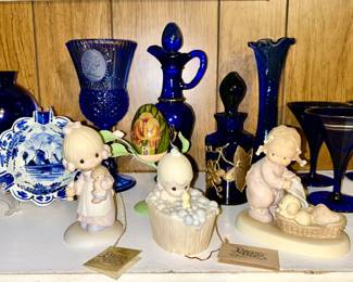 Precious Moments figurines (SOLD), Delft ashtray, cobalt blue glassware