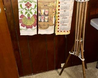Antique wooden clothing rack, vintage dish towels (SOLD)