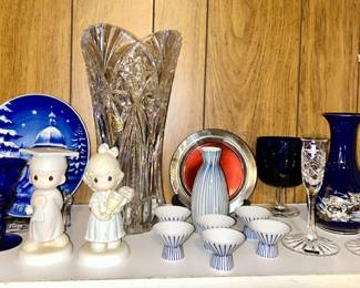Precious Moments figurines (SOME SOLD), lead crystal vase, porcelain set, cobalt & crystal glass