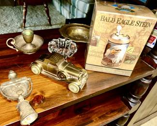 Brass doorknocker, candle stick, advertising car bank, Balk Eagle Stein in box
