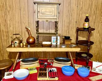 Antique bench, vintage stands, wooden stool, vintage kitchen collectibles (some SOLD)