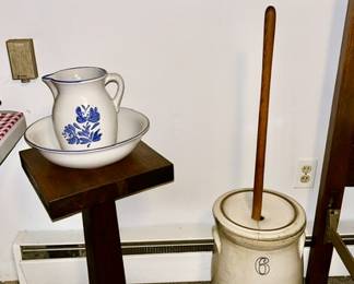 Vintage wooden plant stand, Pfaltzgraff pitcher & bowl, 6 gal butter churn with dasher (cover is cracked), cobalt & amber collectible bottles