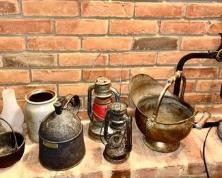 Antique collectibles, kerosene lamps, brass bucket, etc.