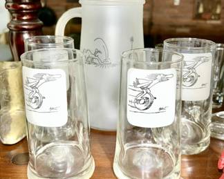 1970's Johnny Hart BC Comics satin glass pitcher and clear glass glasses